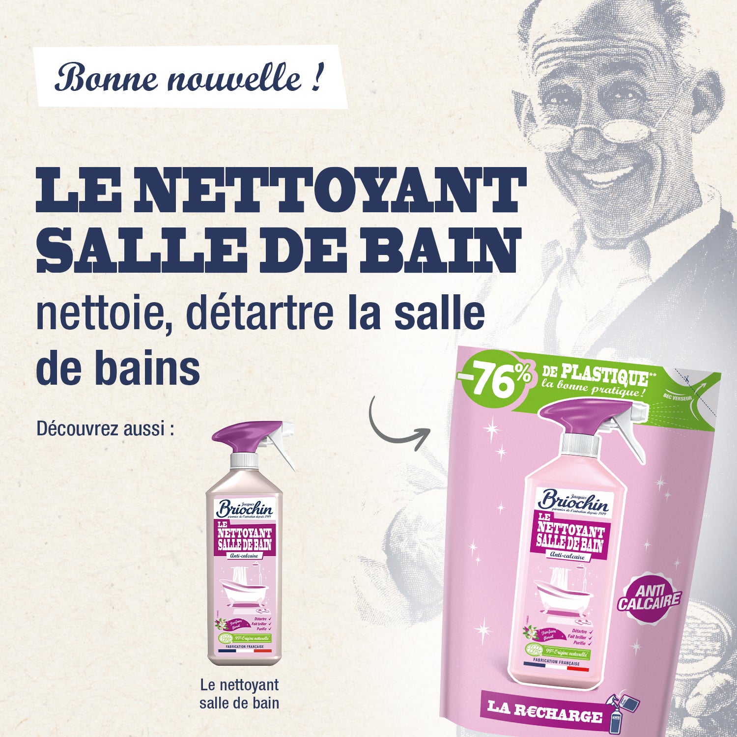 JACQUES BRIOCHIN - Recharge Nettoyant Salle de bain  parfum floral 750ml Parfum floral