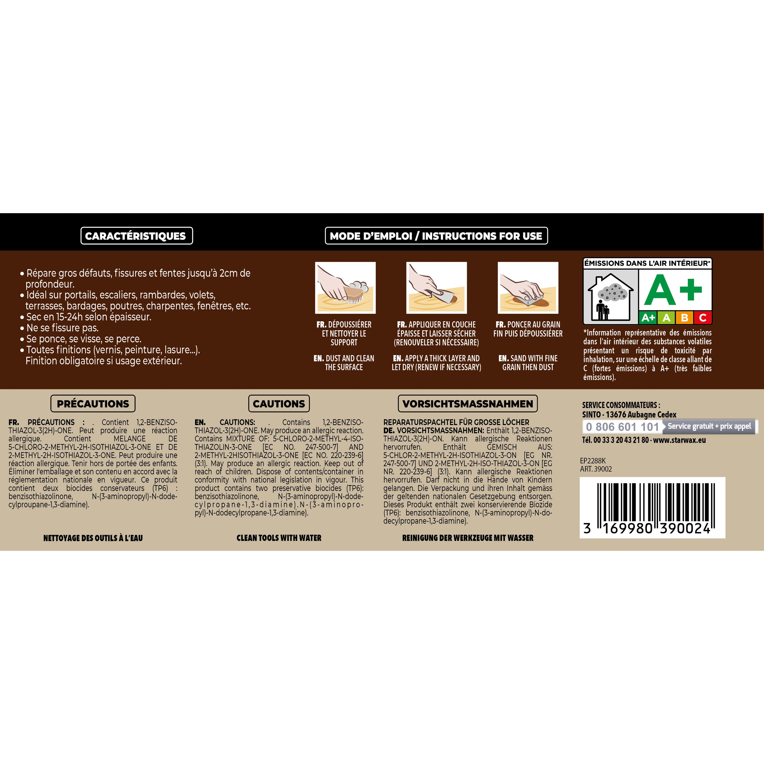 SINTO - Reboucher gros trous et fissures dans le bois clair 330g Bois clair